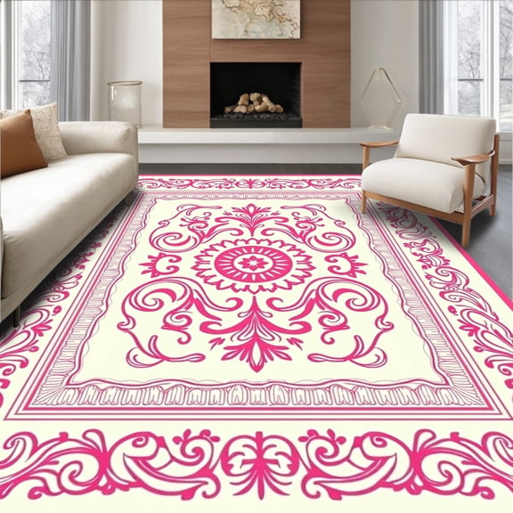 ODIKA 4'x6' Machine Washable Non-Slip Area Rug, Vintage Damask Scroll Design with Ornate Baroque High Traffic Rug, Pink, 447651