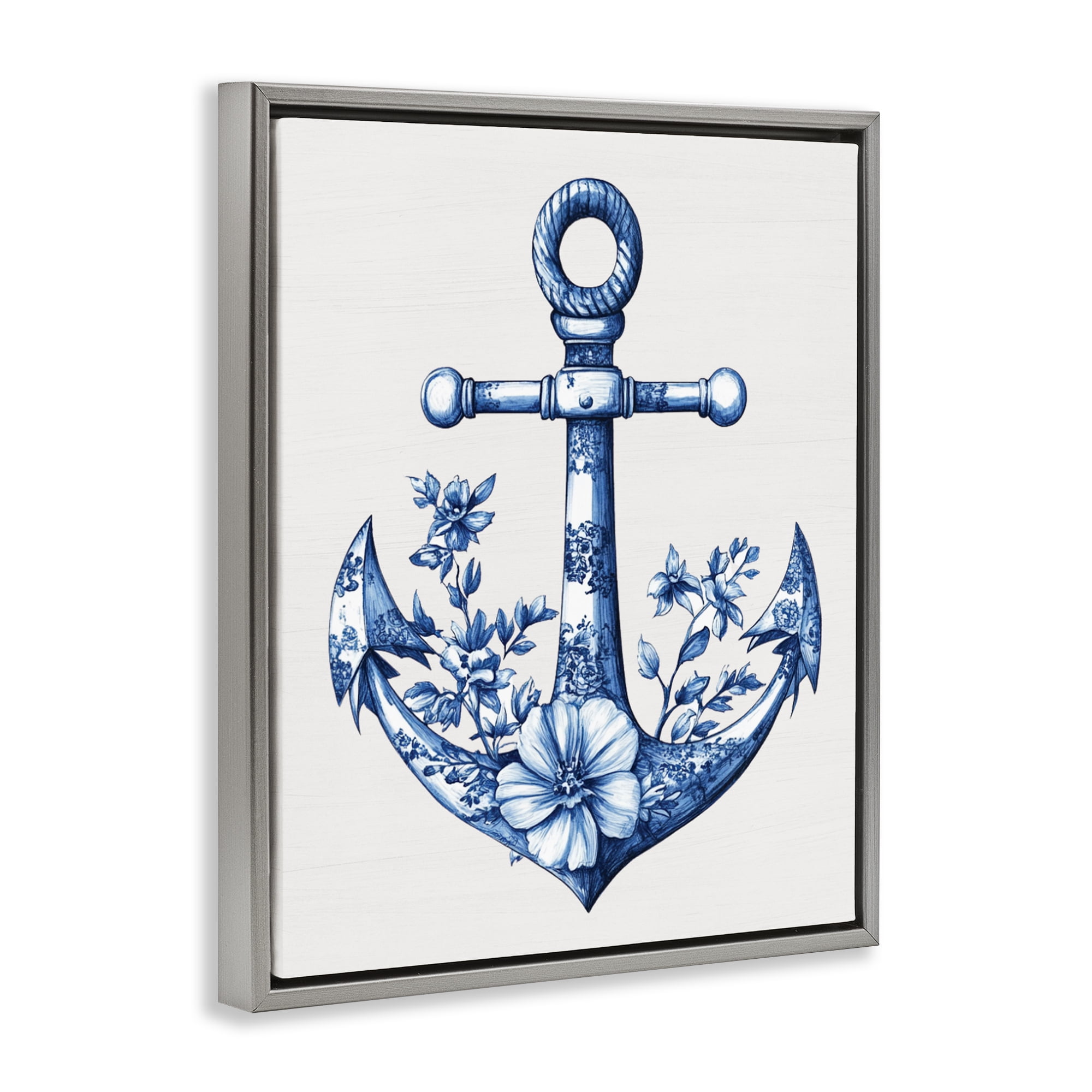 Toile Patterned Anchor Gray Framed Floater Canvas Wall Art, design by Lettered and Lined