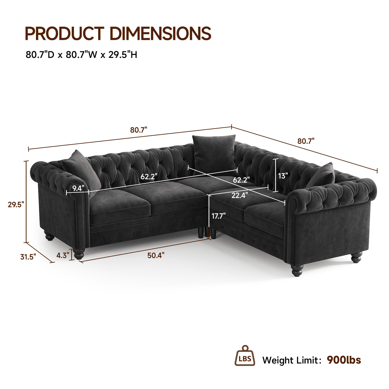 L Shaped Corner Couch for Living Room, Tufted Sectional with 3 Throw Pillows, Velvet Fabric, Black
