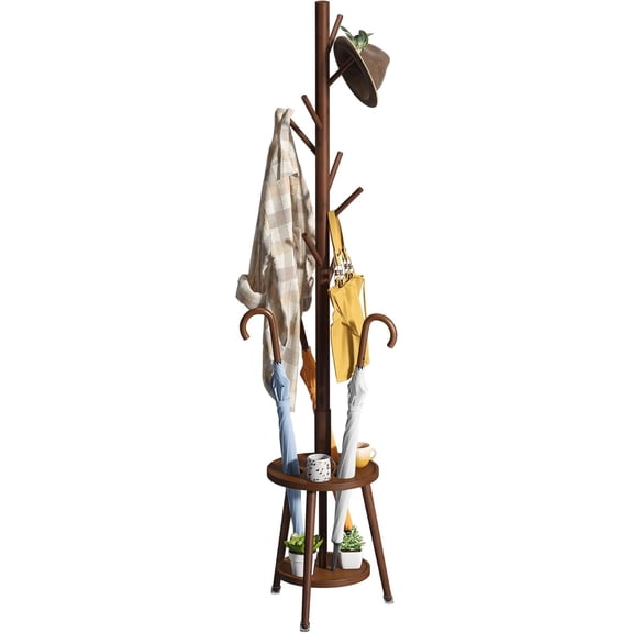 Freestanding Coat Rack with Umbrella Organizer Tray Bamboo Coat Tree Rack with 8 Hook Stand for Clothes Bag Hats Entryway Hanger Stand(Brown)