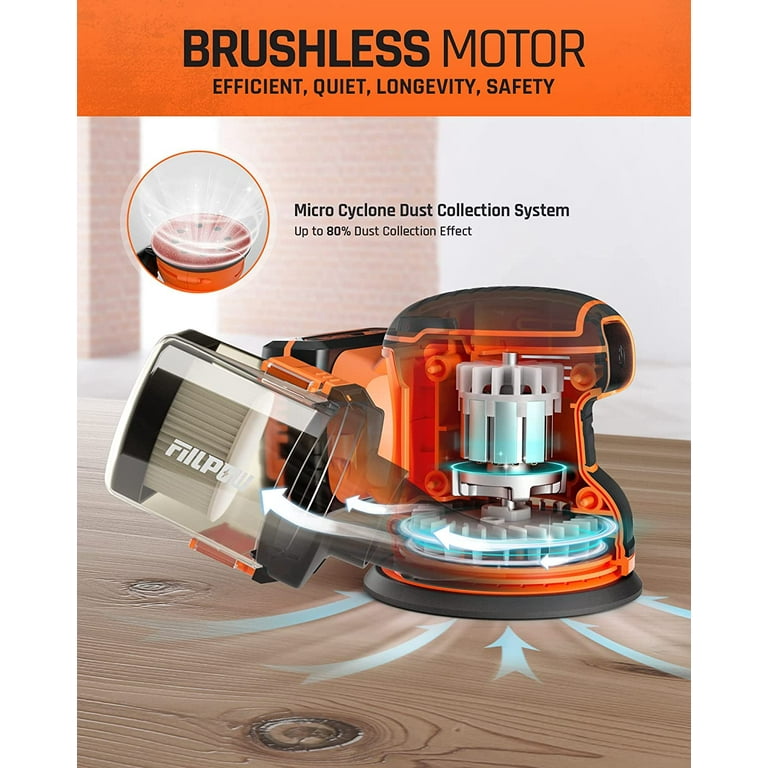 Cordless Random Orbital Sander 20V Brushless Sander with Battery Micro filter Cyclonic Dust Box 12 Sandpaper Carrying Bag Ideal Second Sander More Efficient Convenience R10 Pro Walmart