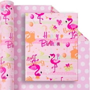 Altarho Reversible Flamingo PresNok Wrapping Paper Roll for Kids Girls Women - Pink Gold Flamingo Happy Birthday and Polka Dot Design Gift Wrap Sheets for Summer Baby Shower Party Total 28.5sq.ft