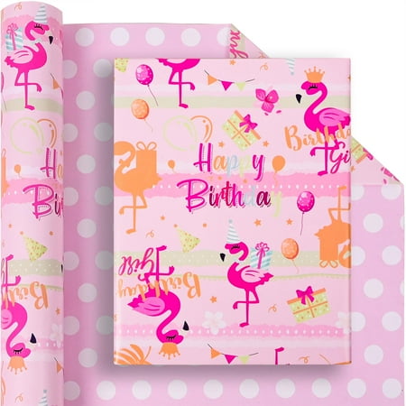 Altarho Reversible Flamingo PresNok Wrapping Paper Roll for Kids Girls Women - Pink Gold Flamingo Happy Birthday and Polka Dot Design Gift Wrap Sheets for Summer Baby Shower Party Total 28.5sq.ft