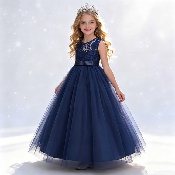 ATOGUTA Wedding Dresses for Girls Guest Navy Sleeveless Tulle Long Formal Wedding Pageant Party Fancy Princess Ball Gown Dresses 5T-15
