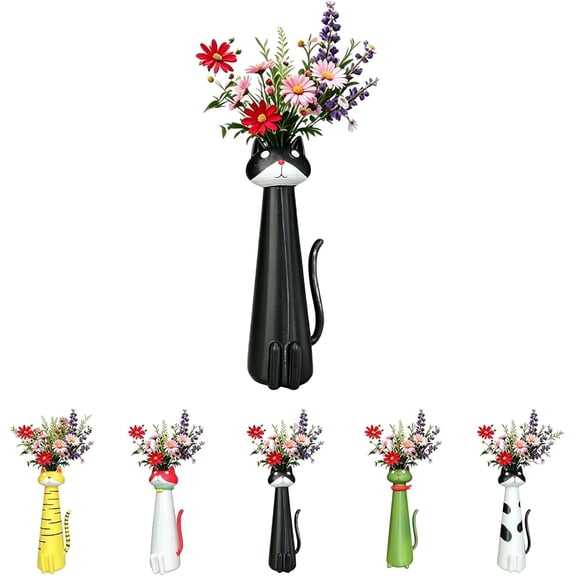 Handcrafted Quirky Cat Vase, Whimsical Kitty Planter for Small Flowers, Boho Desk Shelf Decor Cute Animal-Shaped Vases Qrnaments, Unique Gift for Cat Lovers