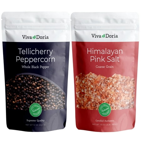 Viva Doria Tellicherry Peppercorn (Whole Black) 12 oz and Himalayan Pink Salt (Coarse Grain) 2 lbs for Grinder