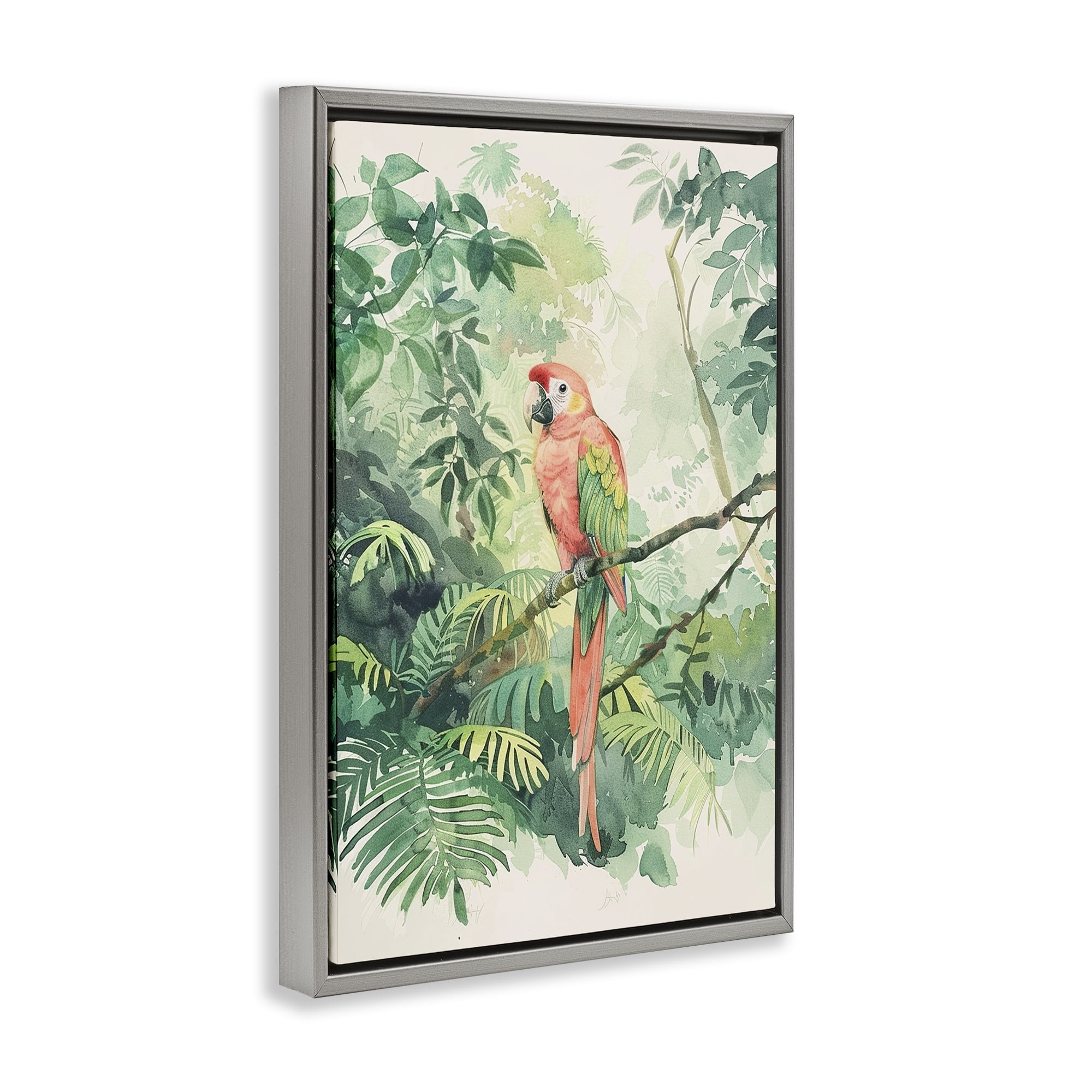 Stupell Industries Pink Parrot in Jungle Animals Painting Gray Floater Framed Canvas Art Print Wall Art, 17 x 25