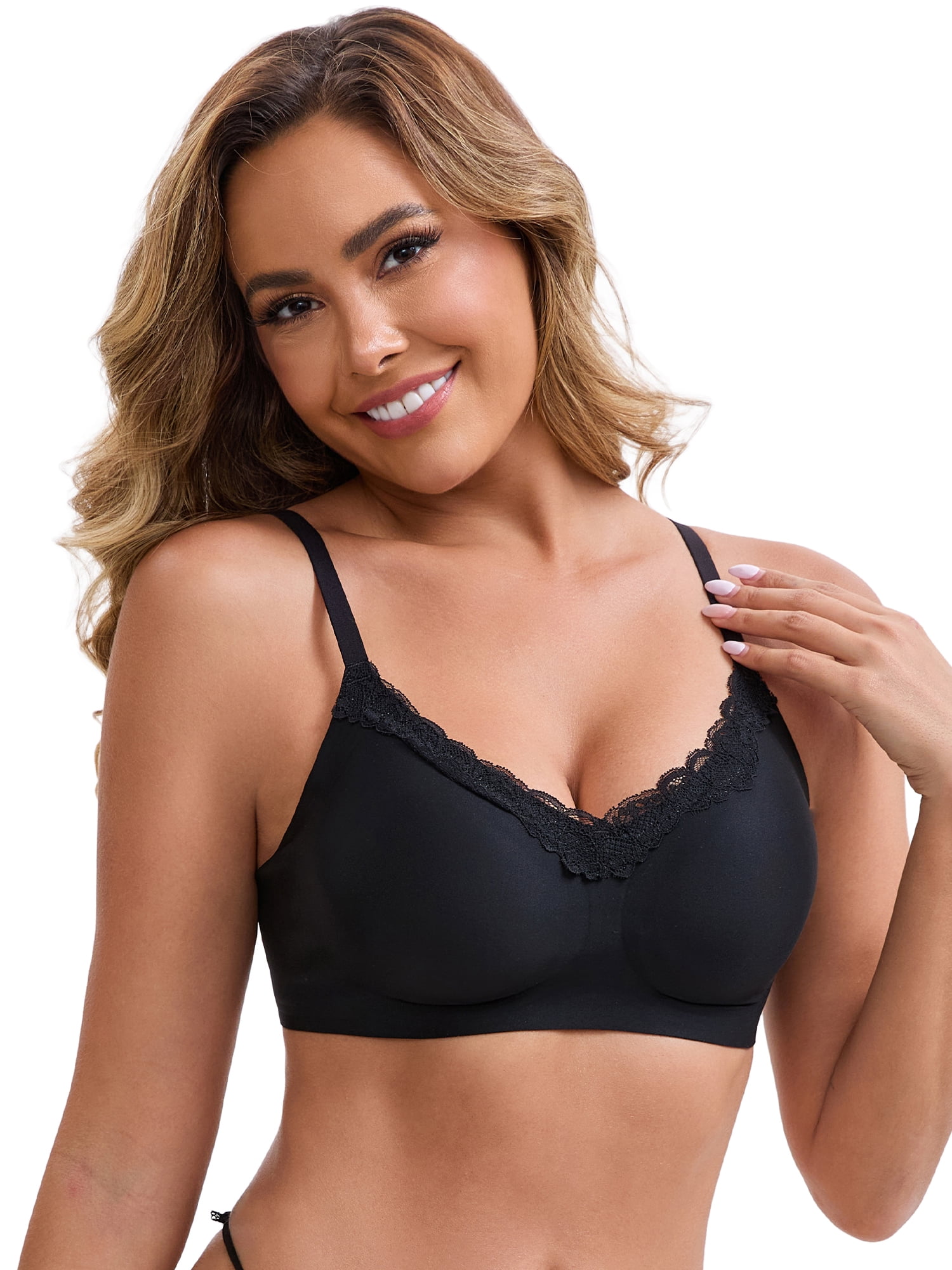DARING DIVA Lace Trim V-Neck Wireless Bra Adjustable Spaghetti Straps Lift Up XL Black