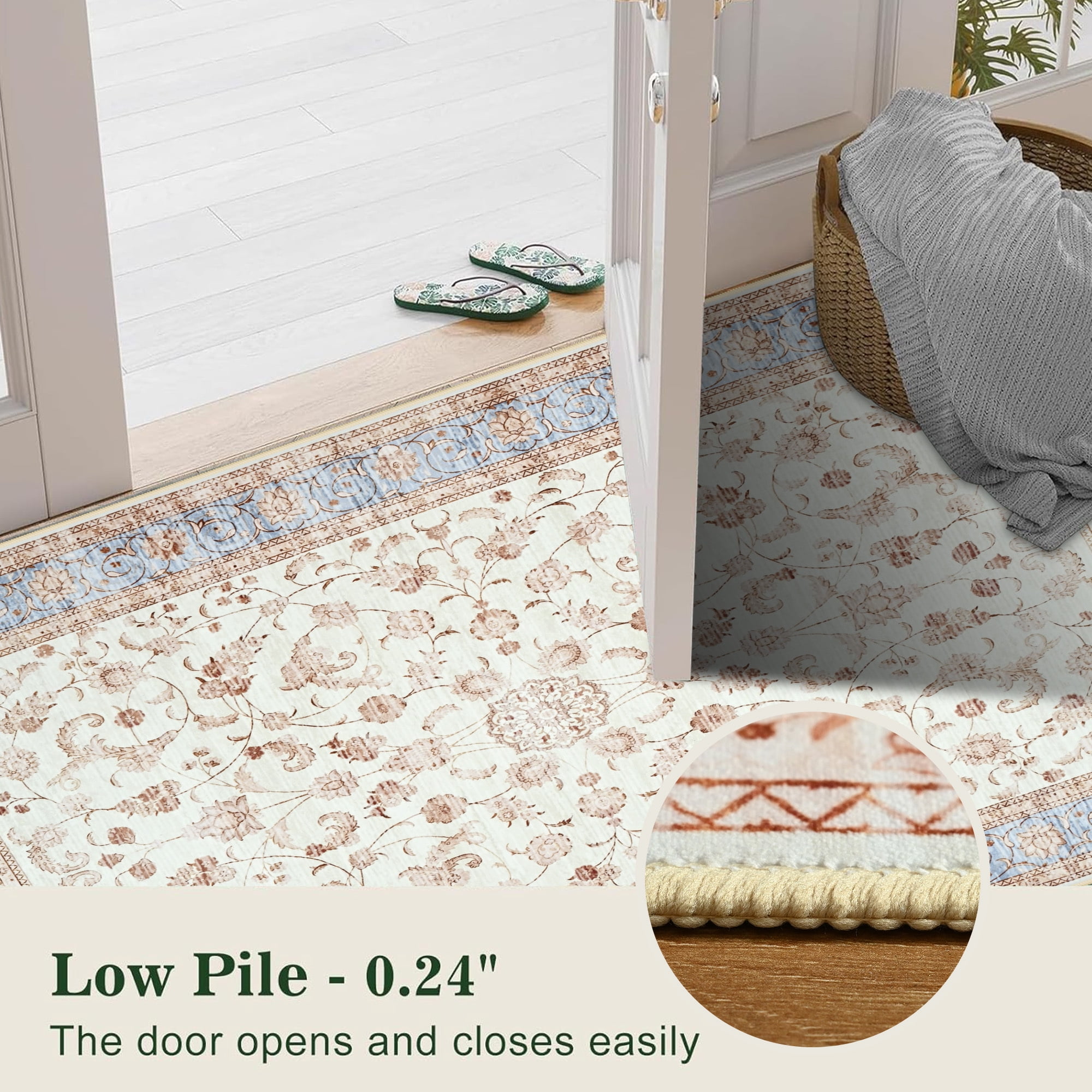 Wondo 4x6 Ft Beige Floral Area Rug - Machine Washable Low Pile Non-Slip Carpet, Boho Vintage Farmhouse Decor for Living Room, Bedroom, Nursery & Office