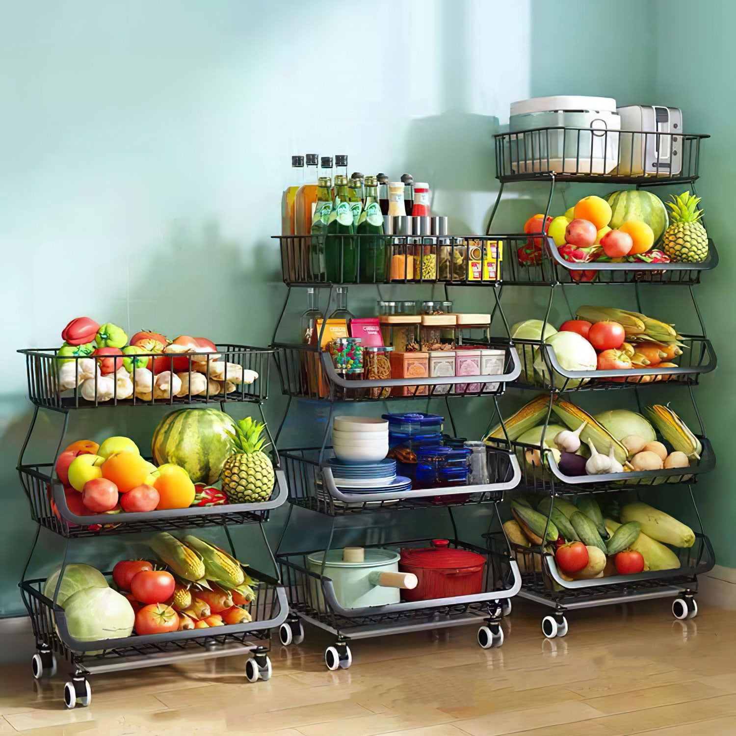 Rolling Stackable Baskets 2 To 5 Tiers Wire Organizer Basket With 