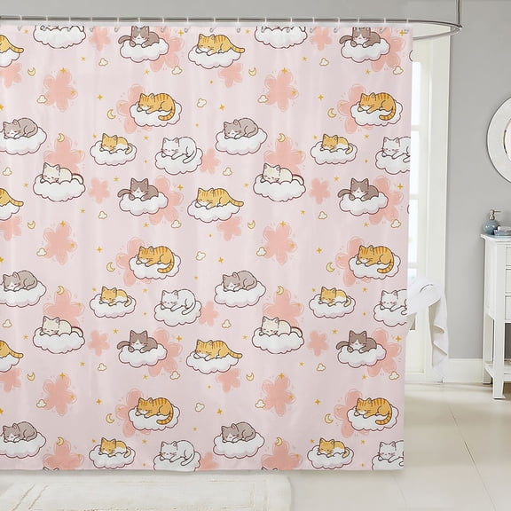 Manfei Funny Pet Shower Curtain 72Wx72L, Kawaii Slepping Cat Bathroom Curtain, Pink