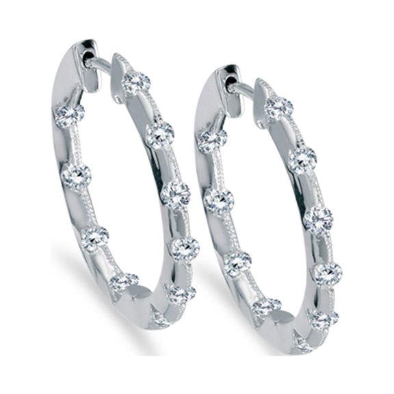 14k White Gold .50 Ct Diamond Inside Outside Hoop Earrings