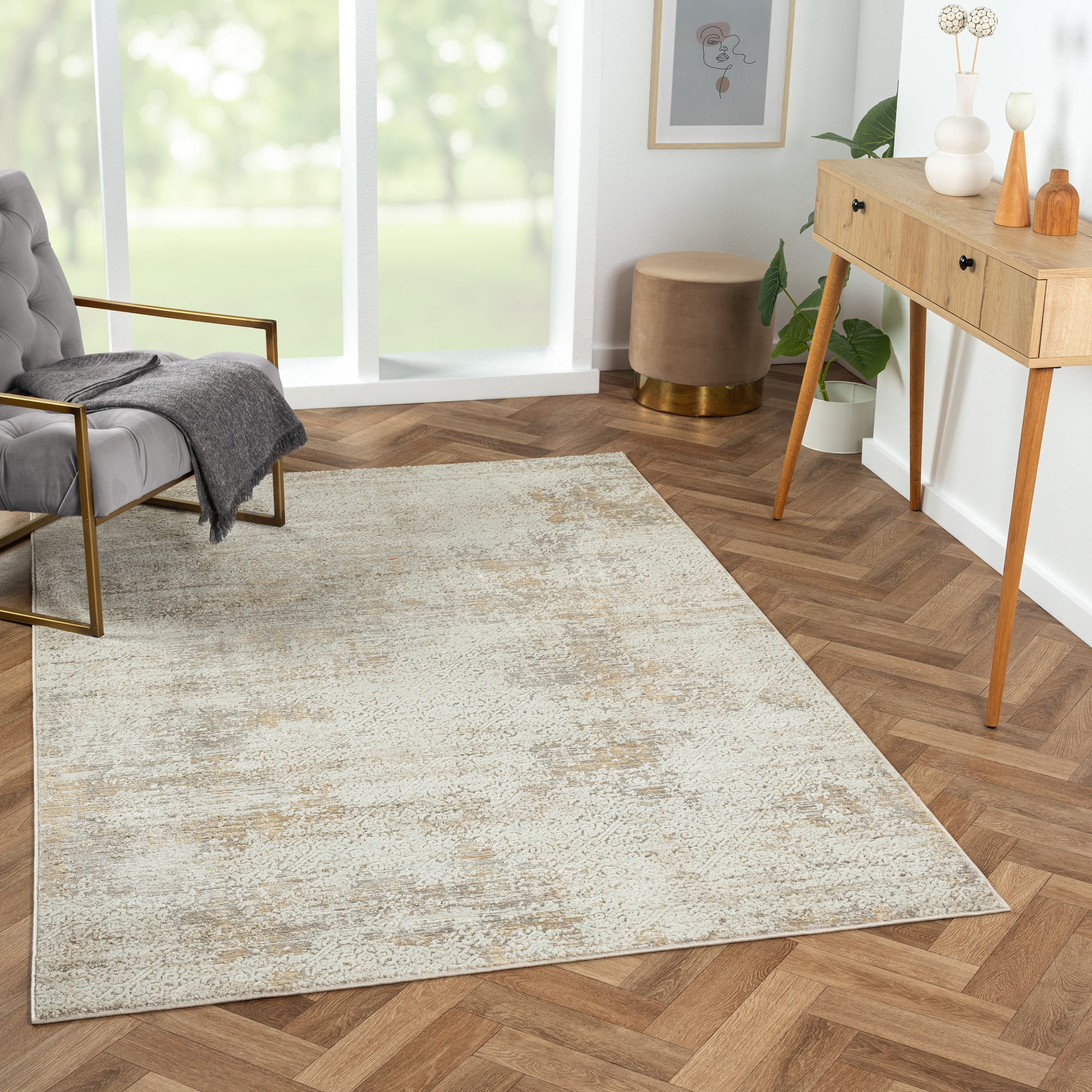 Ox Bay Claire Damask Transitional Performance Polyester Indoor Area Rug, Gray/Beige, 5' x 7'11"