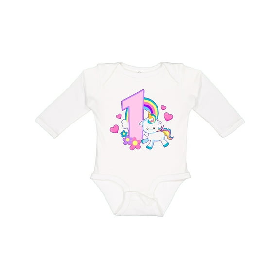 Inktastic I Am 1 Year Old with Unicorn and Hearts Girls Long Sleeve Baby Bodysuit