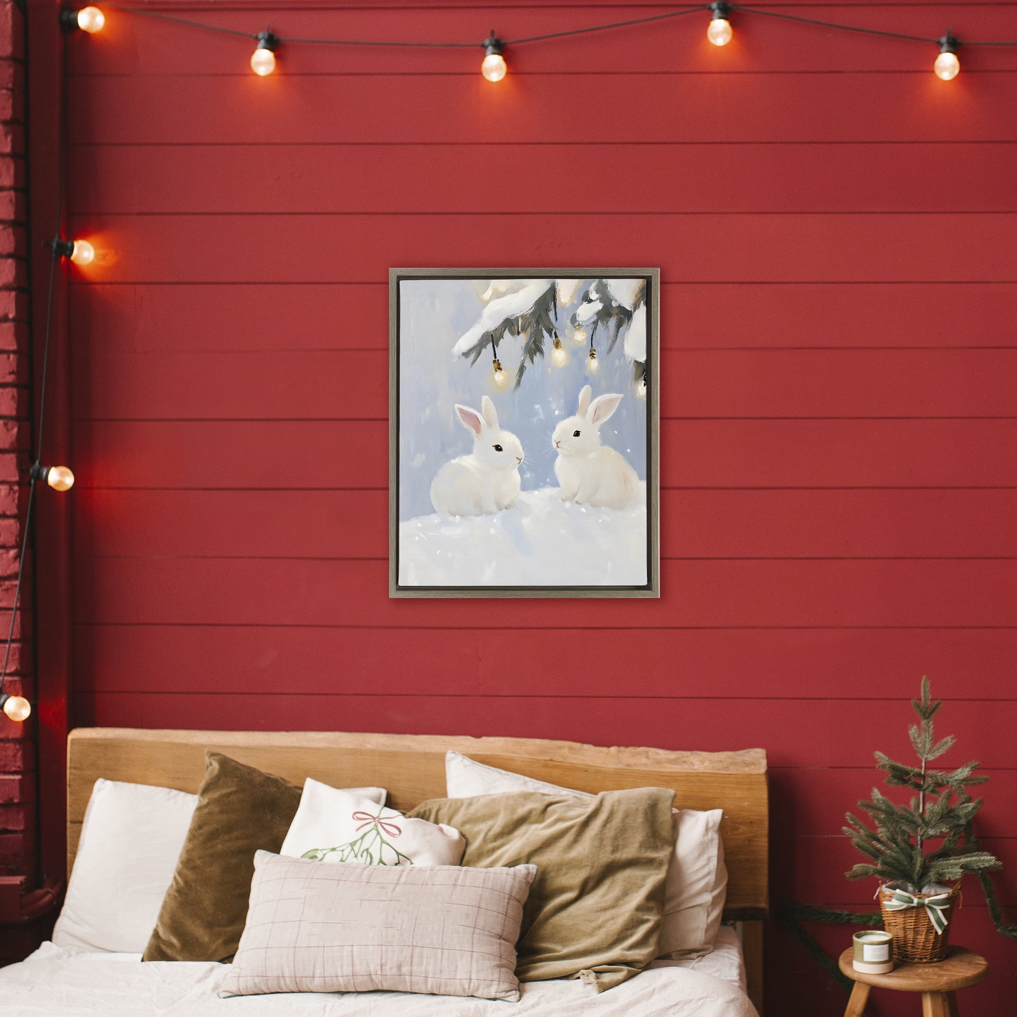 Stupell Industries Winter Bunnies Under Twinkling Lights Brown Framed Floater Canvas Wall Art, design by The Prints Vibe
