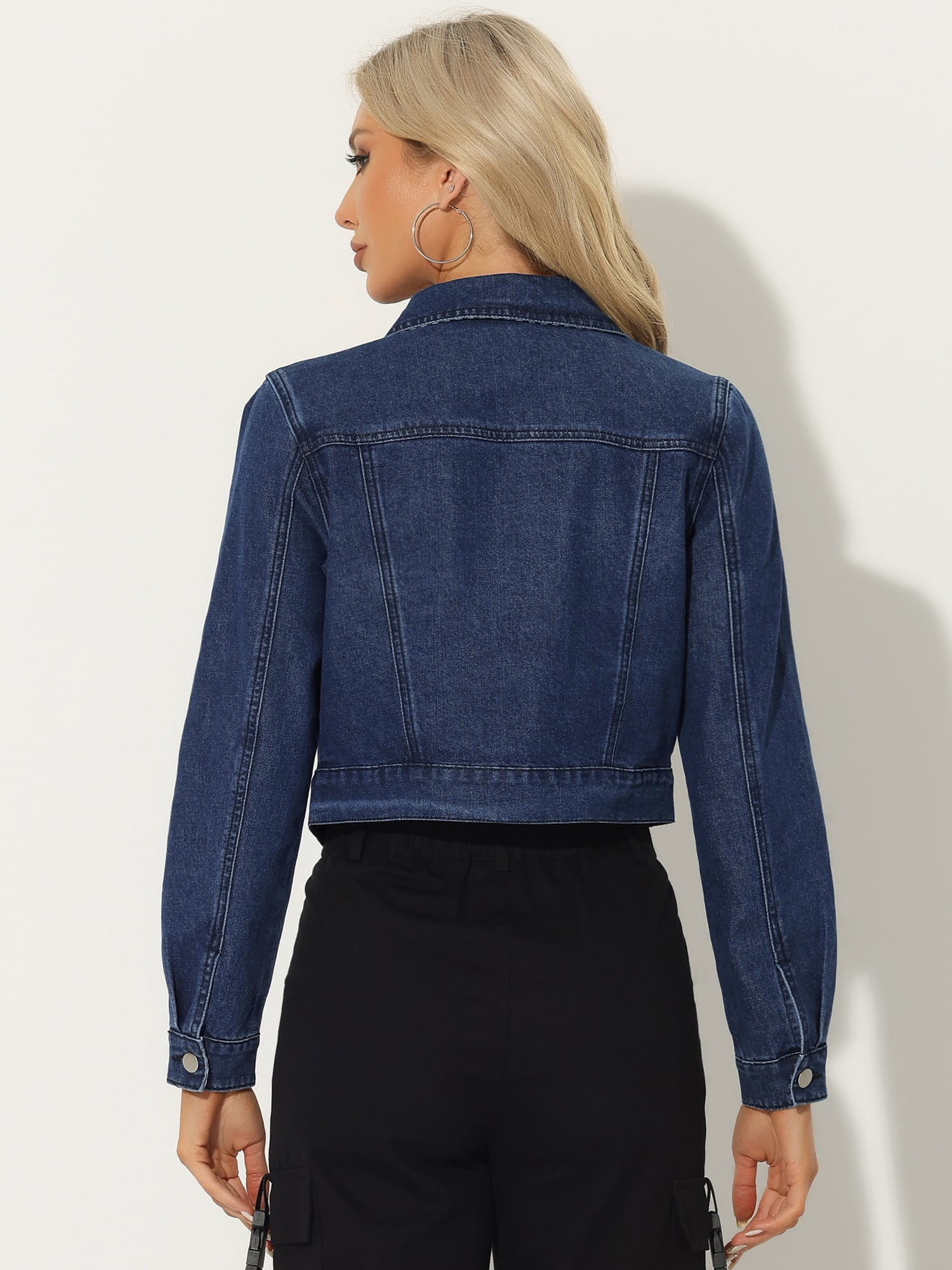 DARING DIVA Women's Button Down Long Sleeve Cropped Denim Jacket S Denim Blue