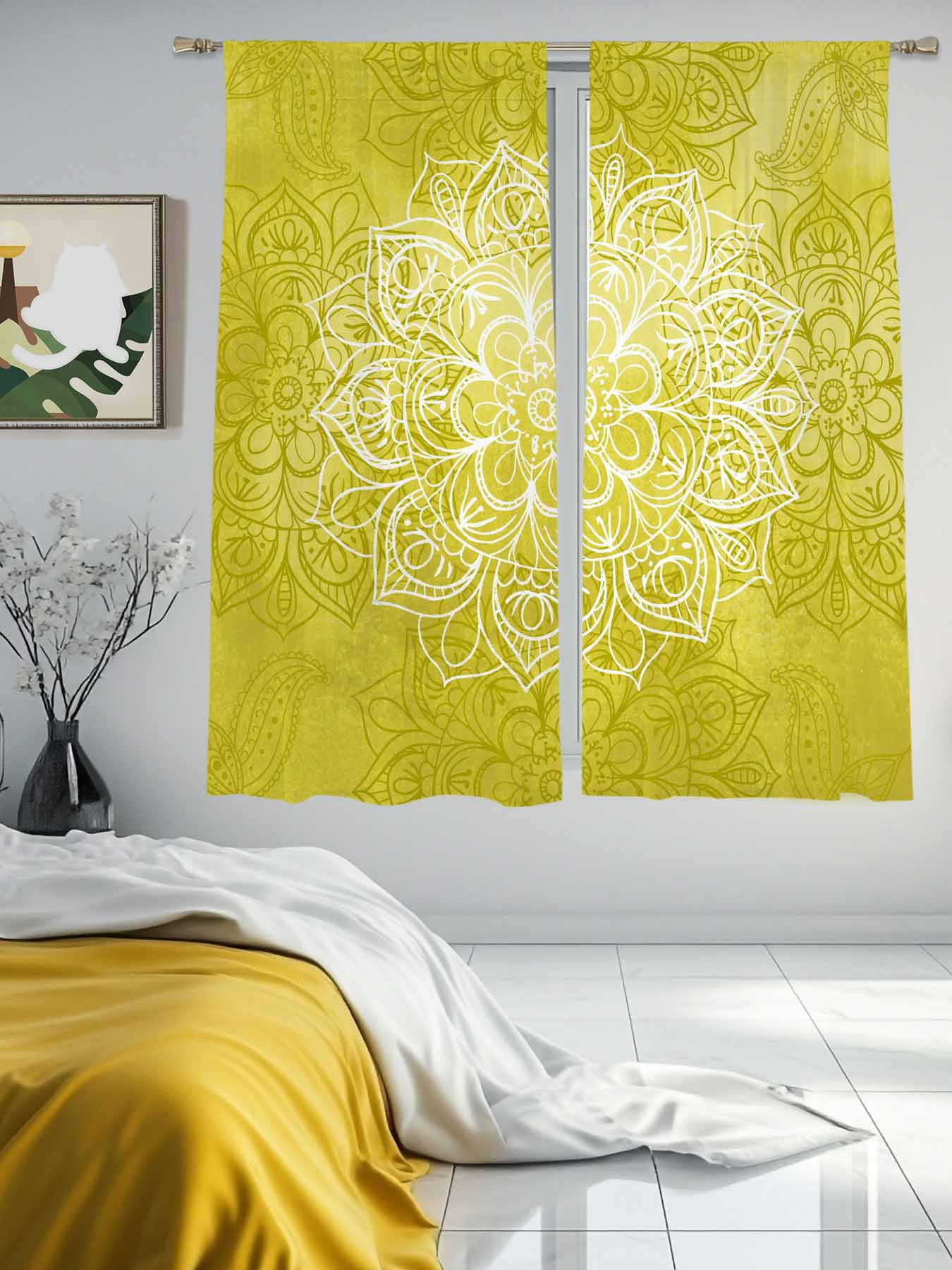 Yellow Boho Flowers Sheer Curtains for Living Room Bedroom, Vintage Abstract Watercolor Yellow Bohemia Floral Light Filtering Sheer Curtains, Rod Pocket Voile Window Drapes, 2 Panels Set 52"x 63"