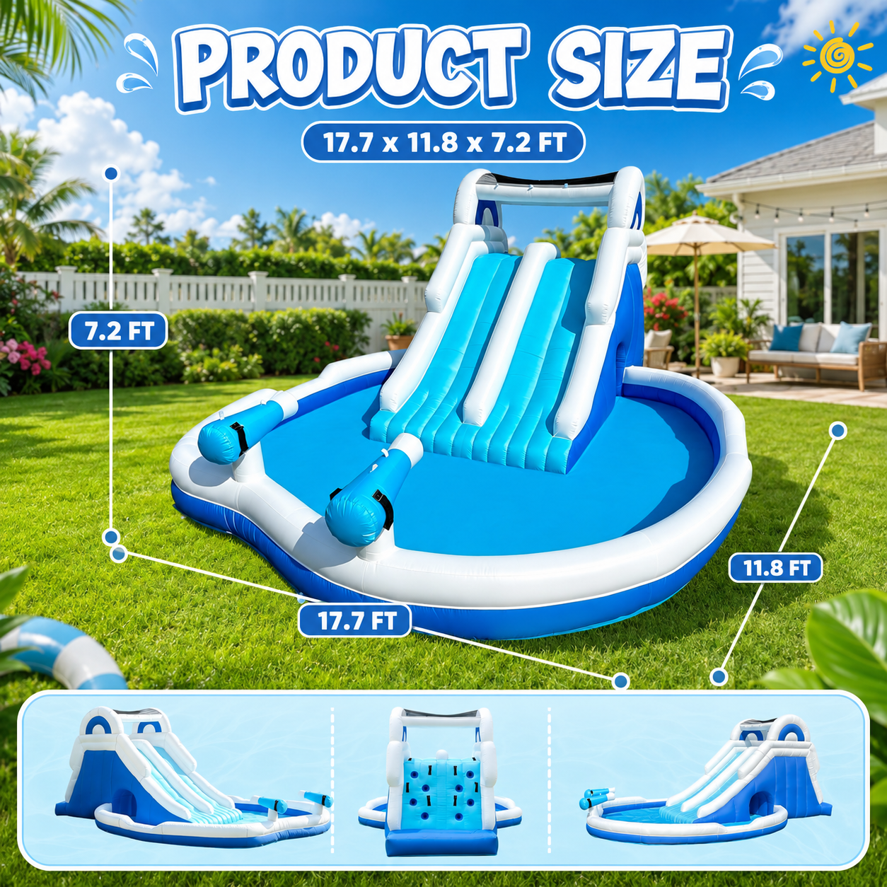 Inflatable Double Water Slide with Climbing Wall & Large Splash Pool - Backyard Kids Water Park with Blower & Accessories, Blue & White