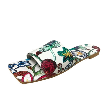 

TAIAOJING Women Slippers Spring Summer Slippers Flat Flower Embroidered Lightweight Comfortable Beach Fashion Shoes Zapatos