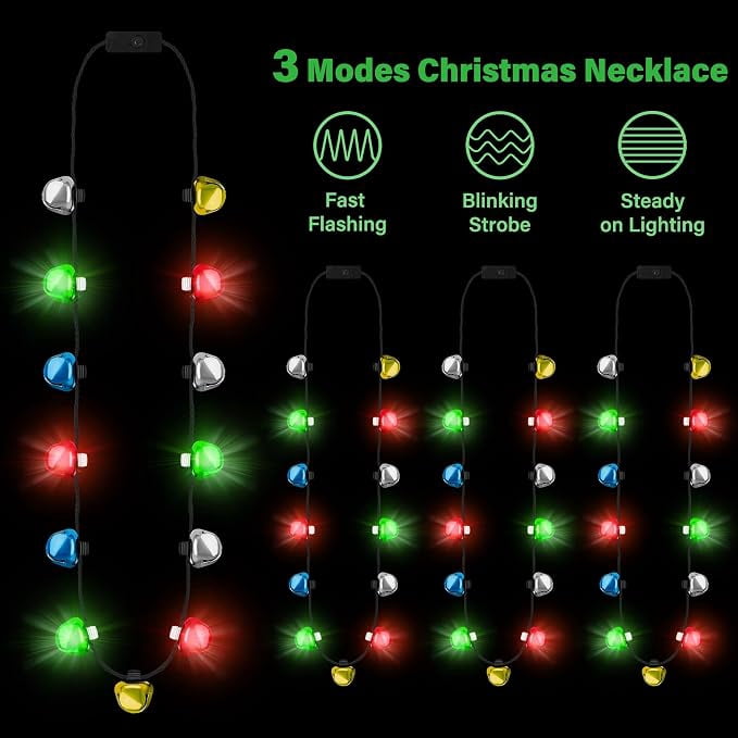 2Pcs Christmas Light Necklace, Bells Light up Christmas Necklace, Jingle Bells Xmas Necklaces Women Men, 3 Modes Party Favors Ugly Sweater Holiday Party Supplies Accessories