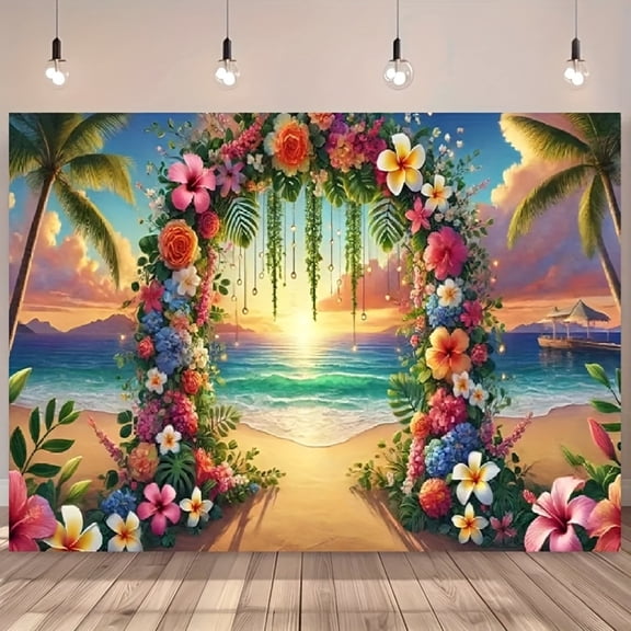 1pc Large Tropical Beach Party tapestry with Floral Arch & Palm Tree Sunset - Turquoise Waters Hibiscus Balloon Arch Design for Weddings, Birthdays, Showers - Vinyl Banner Photo Background