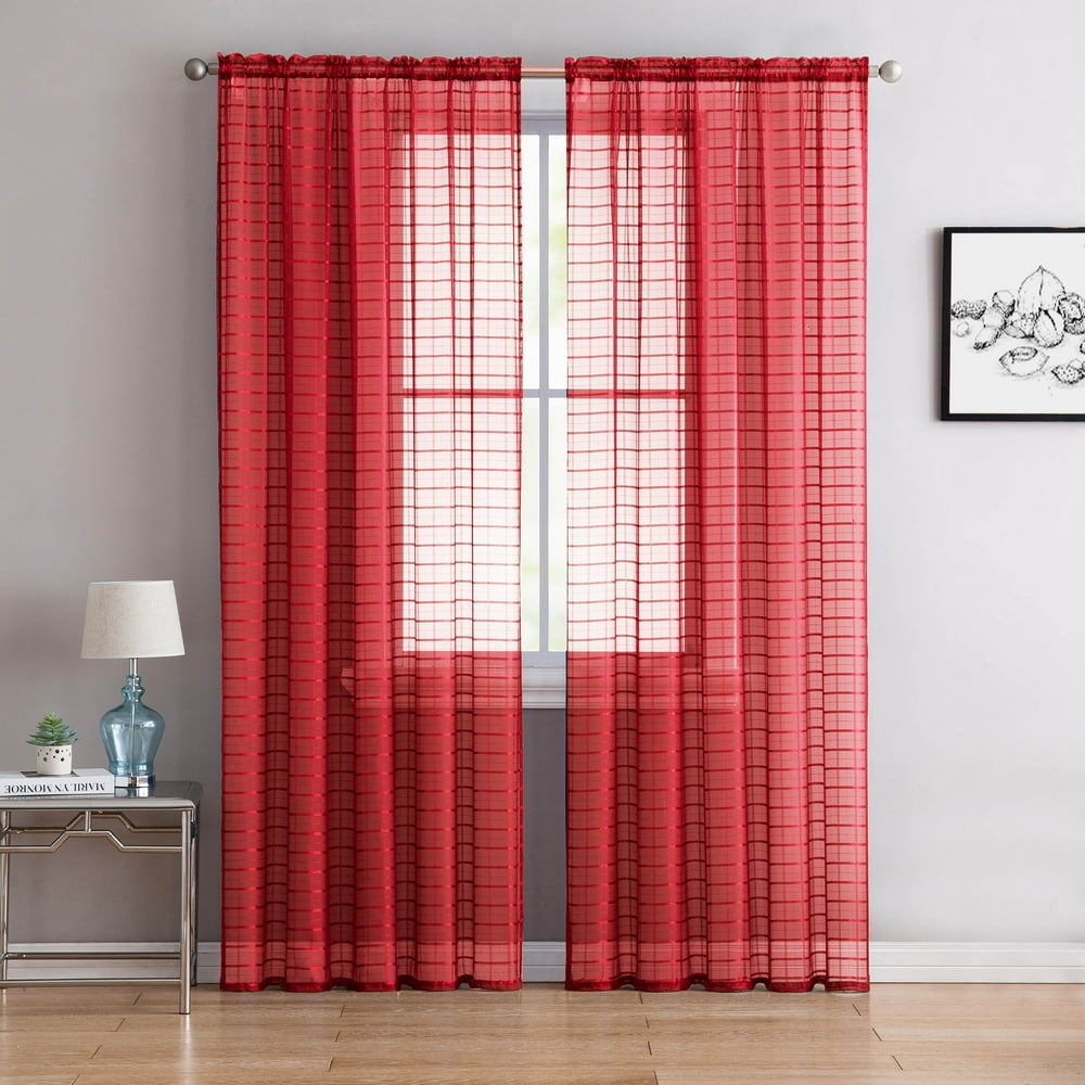 Single (1) Sheer Rod Pocket Window Curtain Panel 55"W X 90"L, Plaid