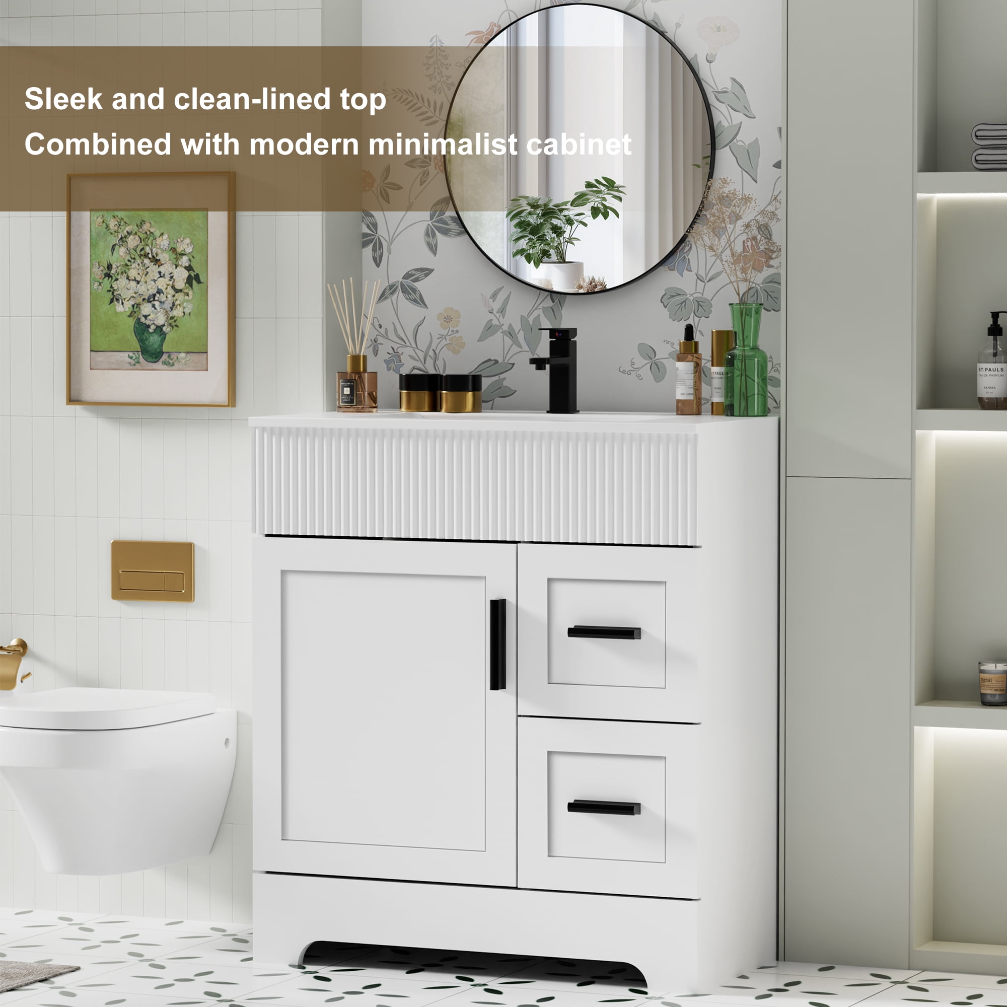 30" Single Bathroom Vanity with Integrated Sink Top, Water Saving Faucet