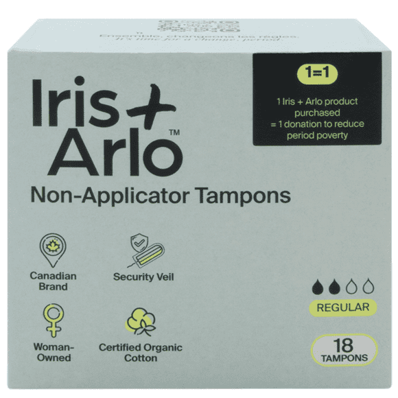 Iris + Arlo Tampons Biologiques Sans Applicateur, Régulier, 100 % coton, Sans Parfum, Non Toxique, Sans Plastique (18 unités)