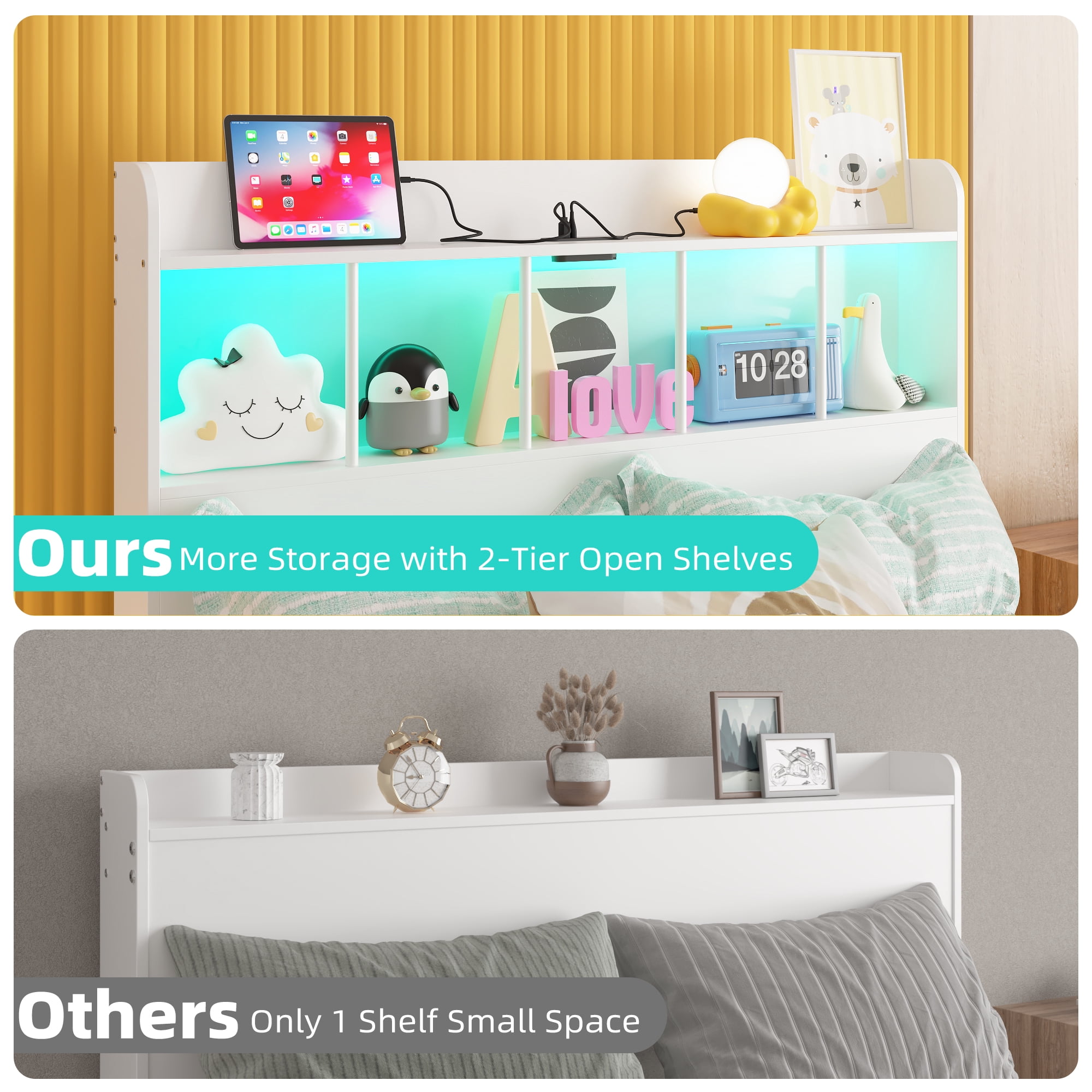 Yoneston Twin Size Girl’s Platform Bed Frame with 2-Tier LED Storage Headboard Shelves & Charging Station for Kids Teens, White