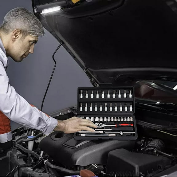hengsof 46 Pieces 1/4 inch Drive Socket Ratchet Wrench Set with Bit Socket Set Metric and Extension Bar for Auto Repairing and Household with Storage Case
