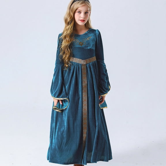 Trikvn Girls Renaissance Medieval Costume Velvet Maxi Dress Tween Teen Vintage Bell Sleeve Gown with Gold Embroidery for Halloween Cosplay Fair Theme Party Dress Up