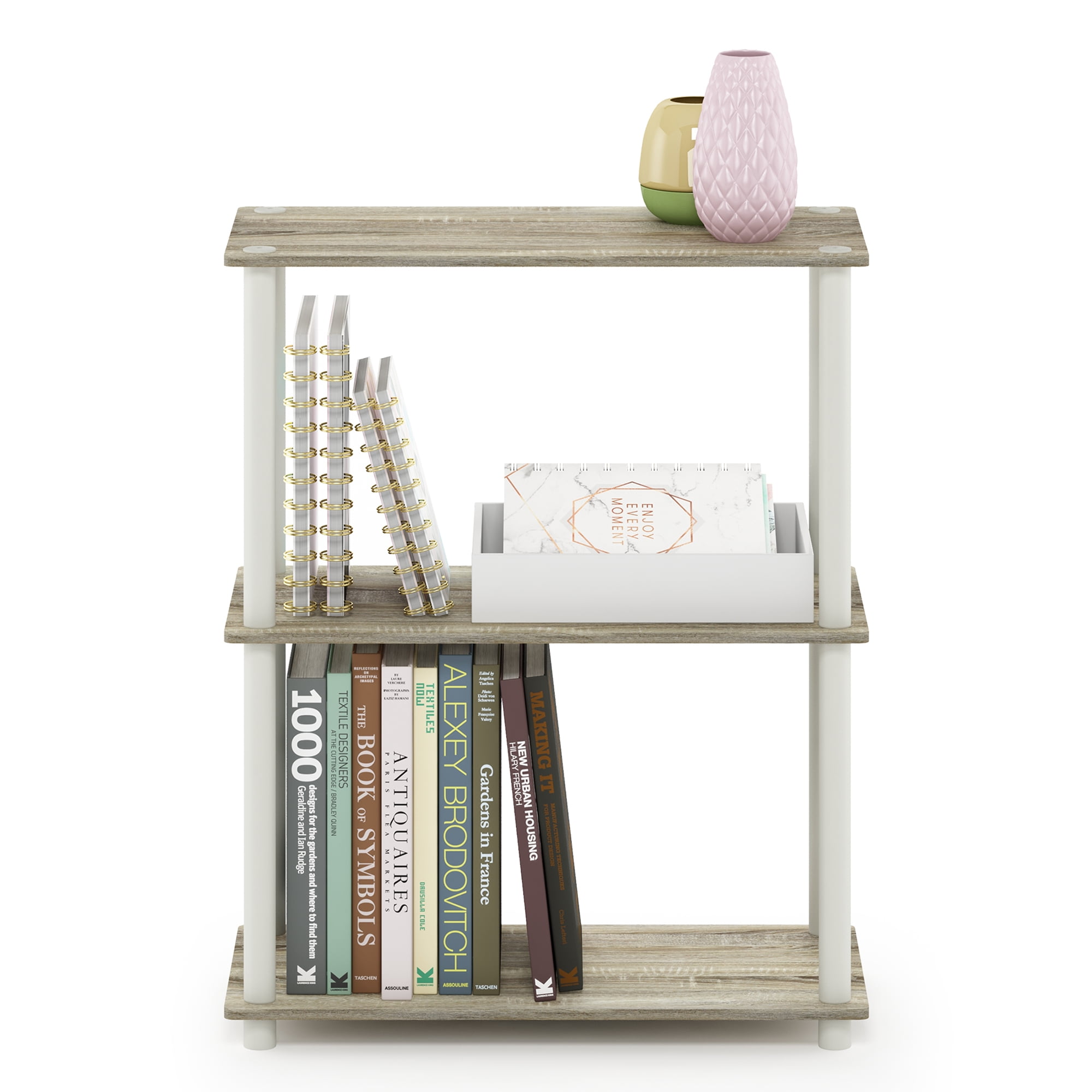 Furinno Wire 3-Tier Industrial Style Metal Frame End Table, Side Table, Finn Oak