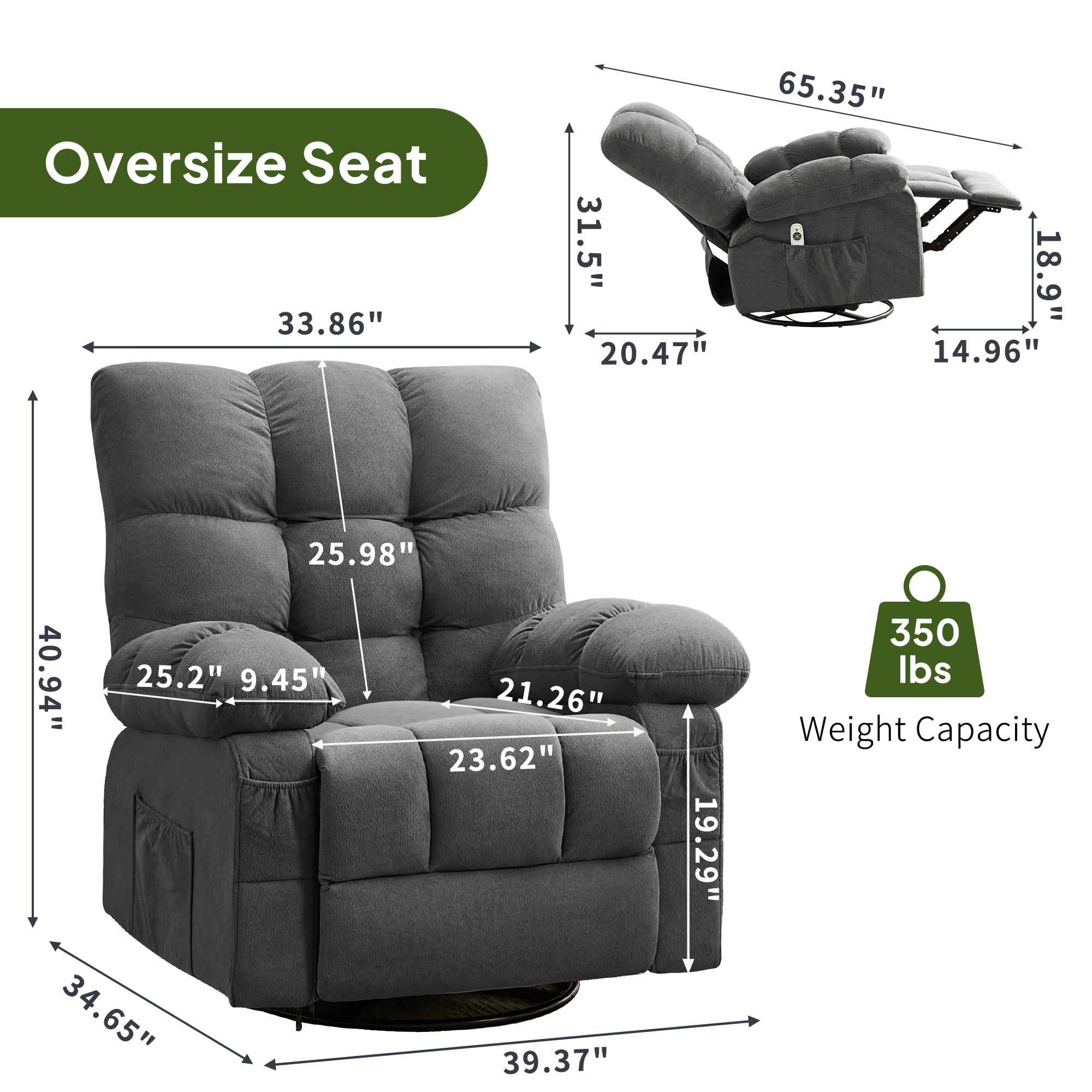 Alvantor Swivel Rocker Recliner Chair with Massage & Heat Single Rocker Sofa with Cup Holders for Bedroom Home Theater Gray