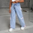 thumbnail image 6 of KAUOD Jeans for Girls Baggy Wide Leg Cute Bow High Elastic Waisted Denim Pants Y2K Skater Streetwear Straight Trousers, 6 of 9