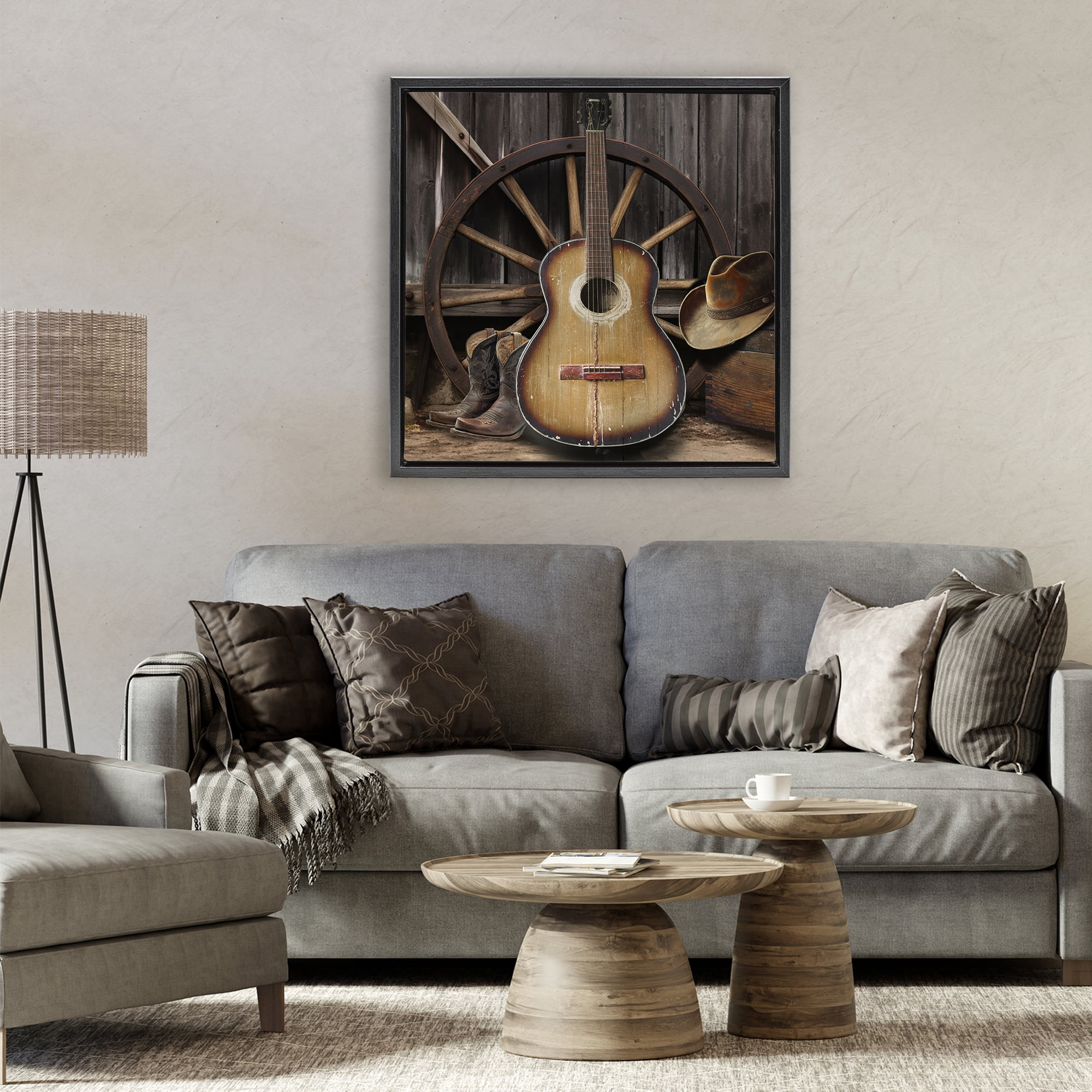 Stupell Industries Rustic Western Guitar with Hat Black Framed Floater Canvas Wall Art, design by CAD Designs