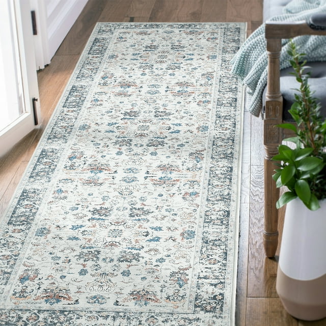 RUGKING 2x6 Runner Rug for Floor Gray Vintage Floral Thin Carpet Non-Slip Foldable Indoor Area Rug for Hallway Living Room Bedroom Kitchen