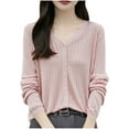 thumbnail image 3 of yoeyez Light Weight Cardigan Women Button Up Cropped Cardigan Sweaters Long Sleeve V Neck Knitted Slim Fitted Cardigans Pink,L, 3 of 4