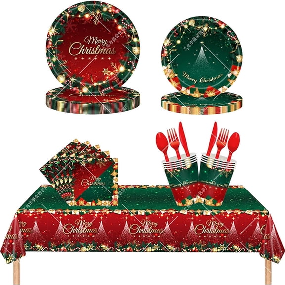117 Pcs Christmas Party Tableware Set Party Supplies Green Christmas Tree Tableware Paper Plates and Napkins Plastic Tablecloth Cutlery Serves 24 for Xmas Holiday Party