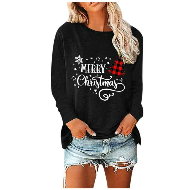 Holiday Time T-Shirts Femmes Drôle Xmas Graphique Col Rond Chandails en Molleton Léger Chandail Tops Tunique Décontractée Manches Longues Blouse 02-Rose TTTG