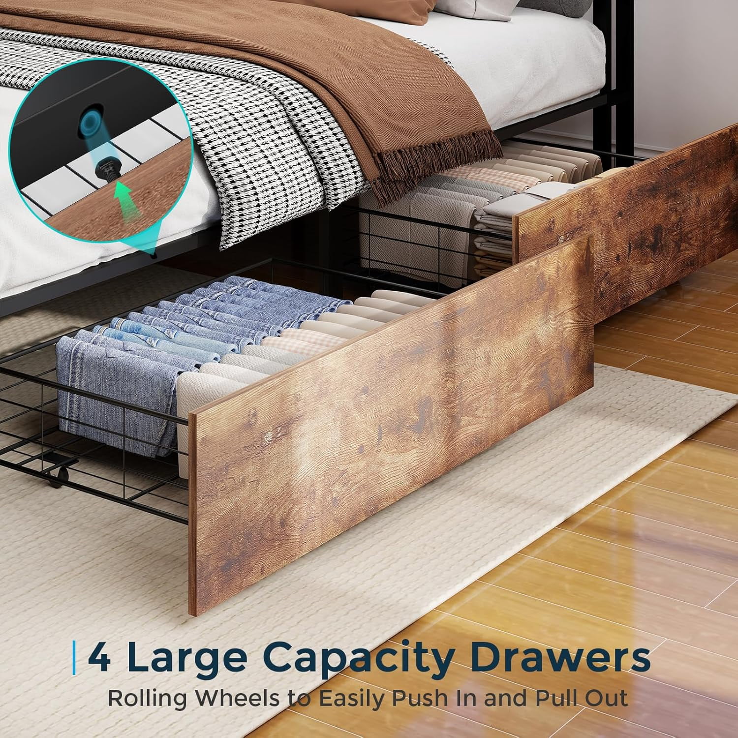 DRNANLIT King Size Bed Frame with 4 Drawers Storage, LED Bed Platform with Headboard, Charging Station, No Box Spring Needed, Vintage Brown