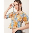 thumbnail image 4 of Moomaya Printed Cinched Waist Top, Half Sleeve Round Neck Retro Tops For Women, 4 of 8