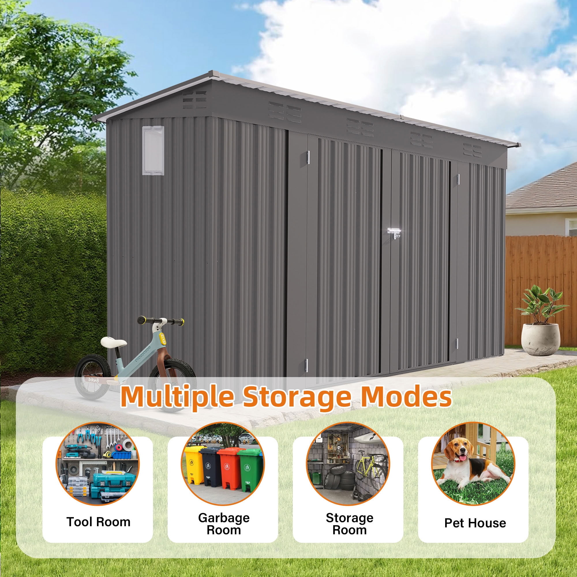 MAYEERTY 4x9 FT Metal Outdoor Storage Shed, Galvanized Steel Garden Shed with 6 Vents & Lockable Doors, for Backyard, Garden, Patio & Lawn