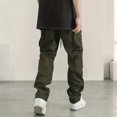 thumbnail image 4 of Men's Cargo Straight Leg Pants, Loose Solid Elastic Drawstring Waist Casual Outdoor Athletic Trousers with Multi-Pocket Army Green 2XL, 4 of 6