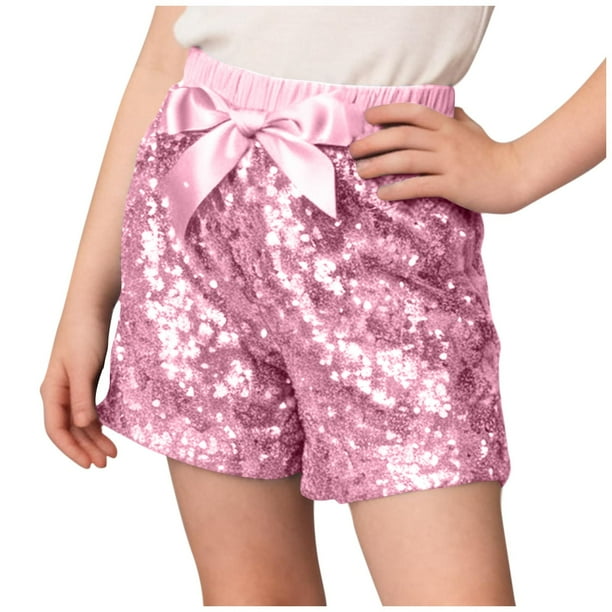 Pantalones cortos de lentejuelas con lazo de color sólido para niños con cintura elástica, ropa de actuación para festivales, pantalones de baile, pantalones de poliéster para niños