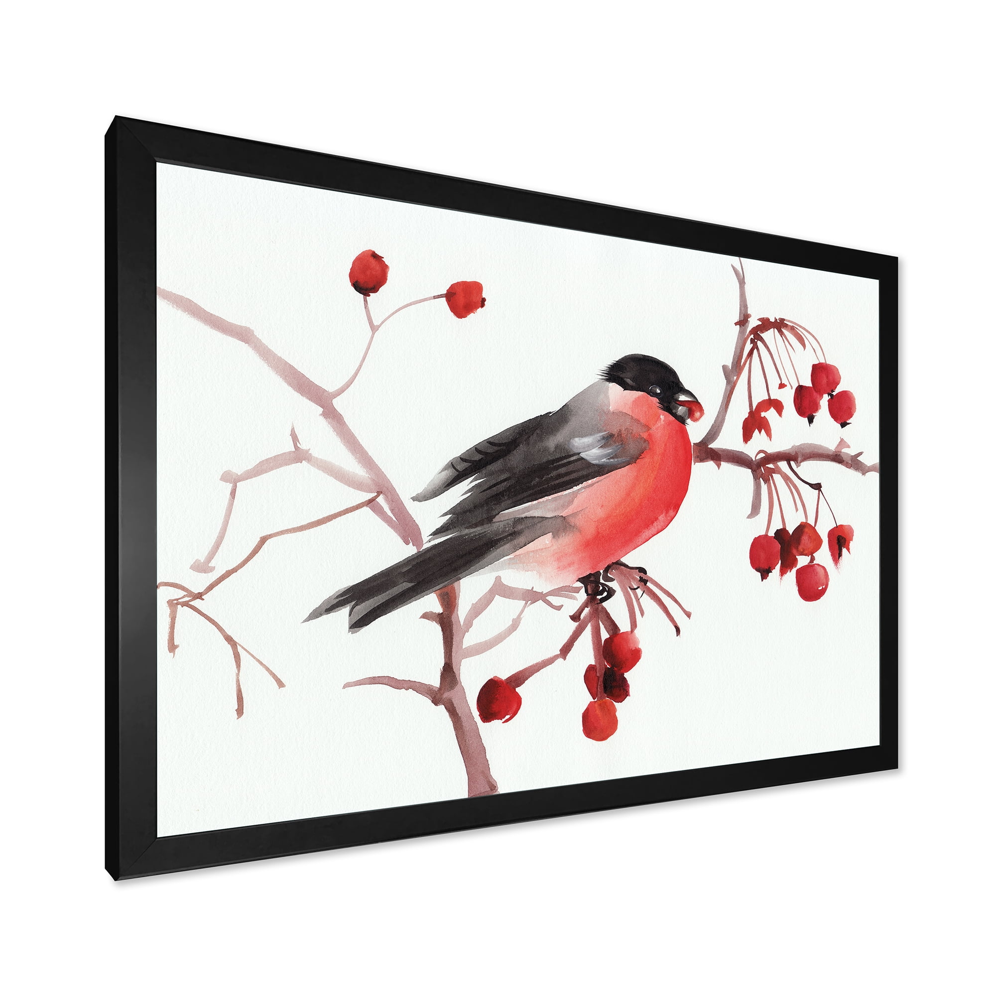 Designart 'Bullfinch Bird Sitting On A Branch' Traditional Framed Art Print
