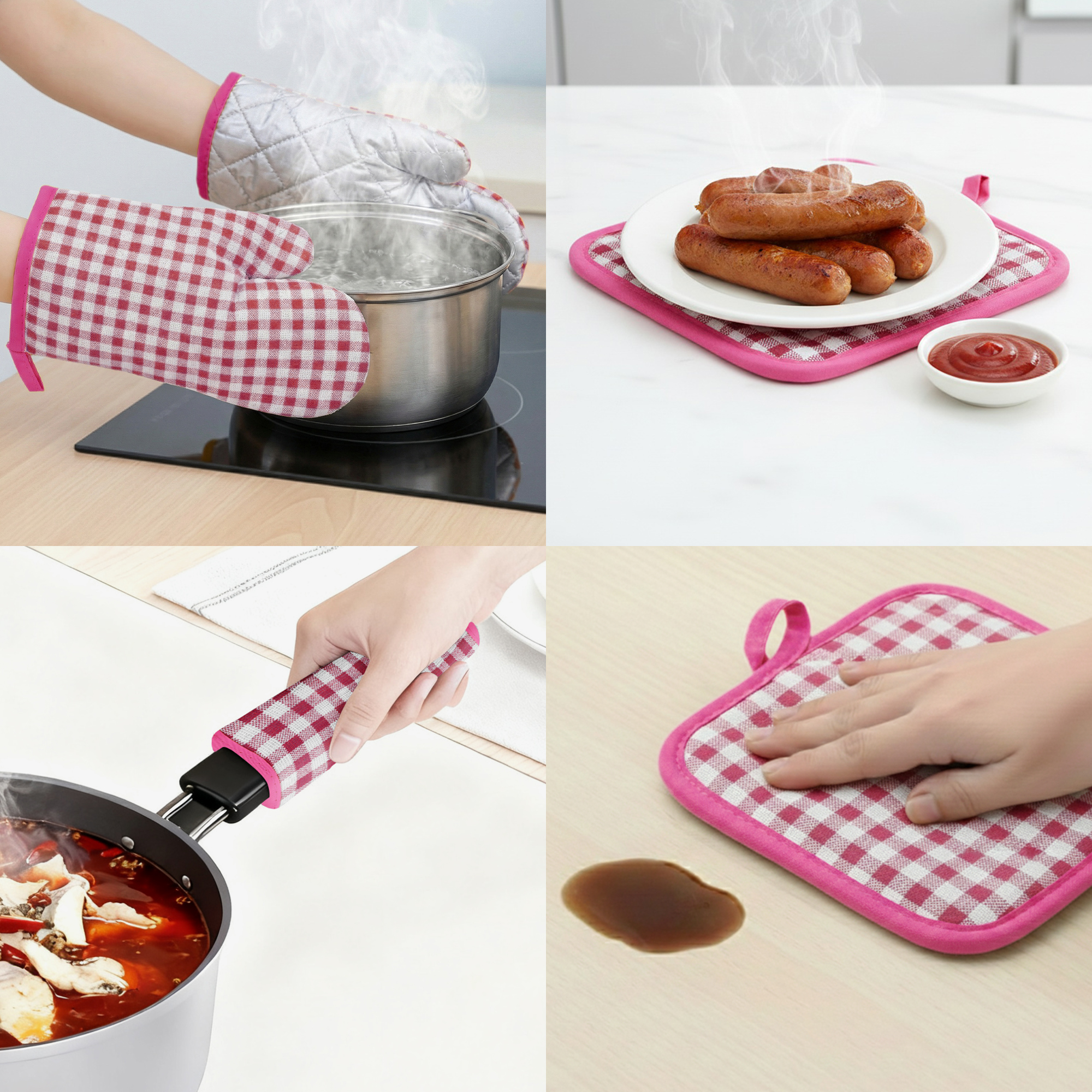Unique Bargains Oven Mitts Pot Holders Heat Resistant Kitchen Gloves Peach 10.6x7.1nch
