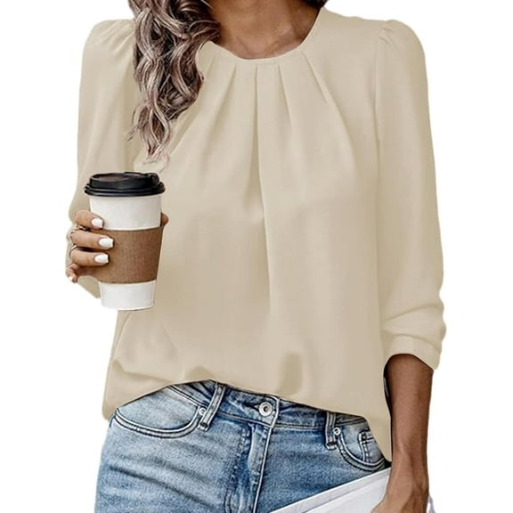 Women's Round Neck Wrinkled Casual Fashion Solid Colour Long Sleeve Round Neck Shirt