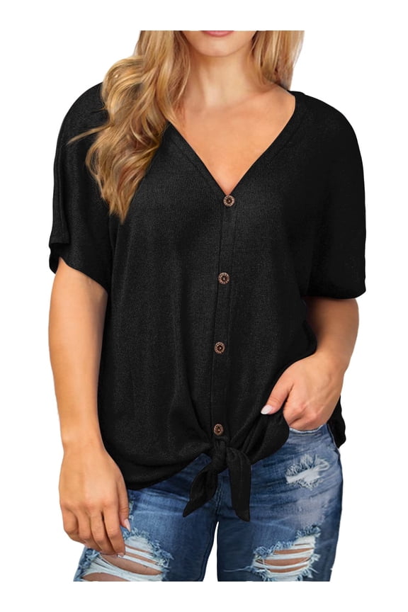 Womens Plus Size Tops Short Sleeve V Neck Waffle Knit Tunic Blouse Tie Front Button up T Shirts
