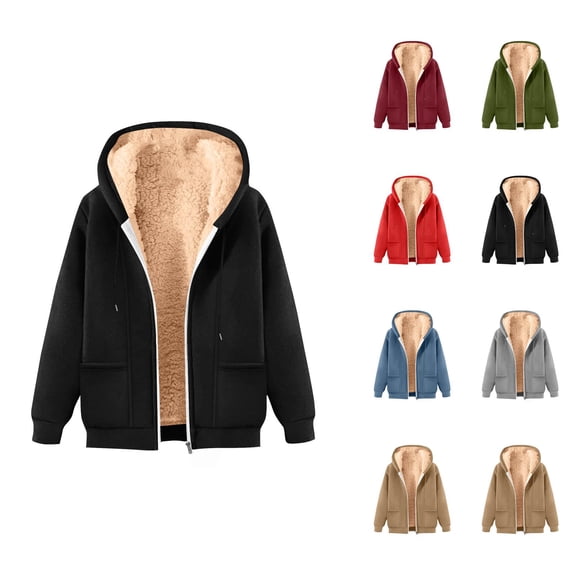 Fleece Lined Zip Up Hoodie for Women 2026 Long Sleeve Trendy Solid Color Hooded Sweatshirt with Pockets Jacket Coat