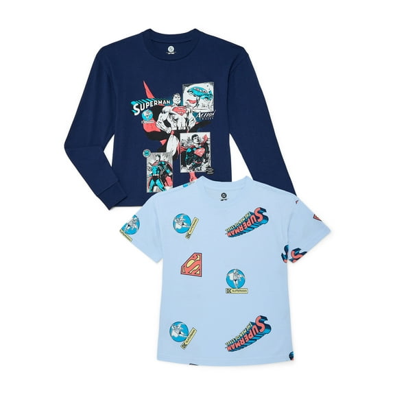 Superman Boys Graphic Short Sleeve and Long Sleeve T-Shirts, 2-Pack, Sizes XS-2XL